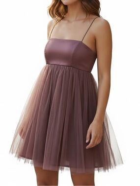 Women’s Mauve Tulle Party Dress - Elegant Spaghetti Strap